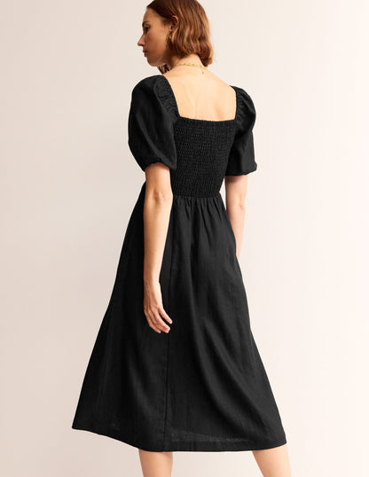 Sky Smocked Linen Midi Dress-Black