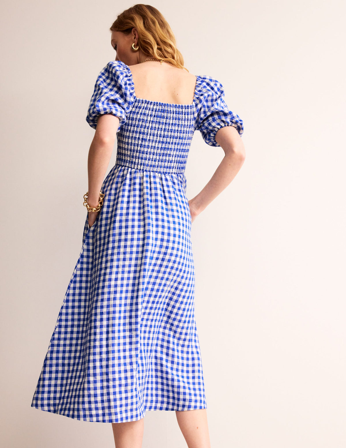 Sky Smocked Linen Midi Dress-Blue Gingham - Image 4