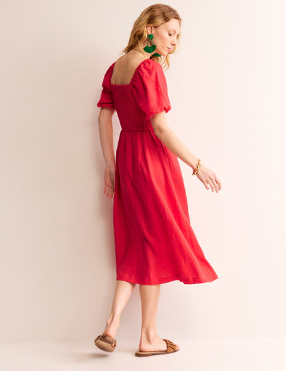 Sky Smocked Linen Midi Dress-Hibiscus