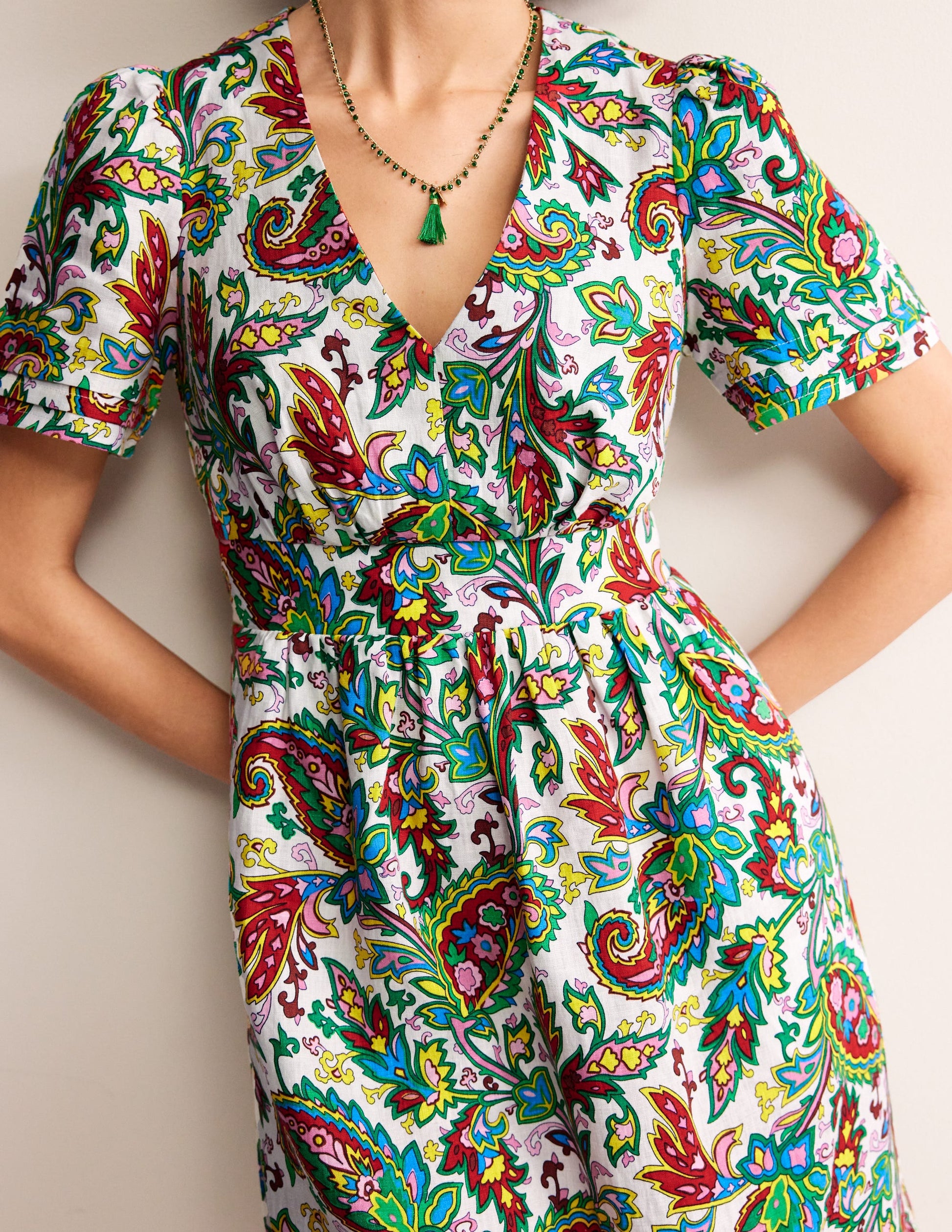 Eve Linen Short Dress-Ivory, Paisley Azure-2