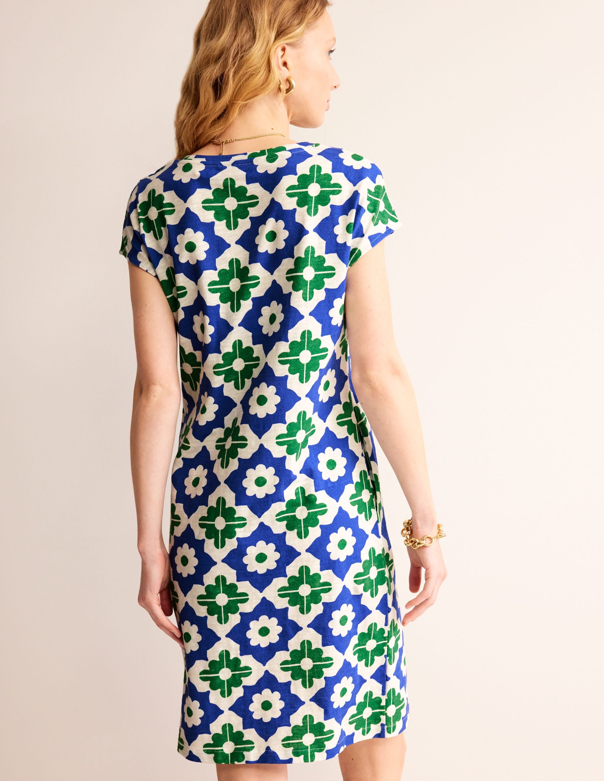 Leah Jersey T-shirt Dress-Green, Geometric Stamp - Image 3