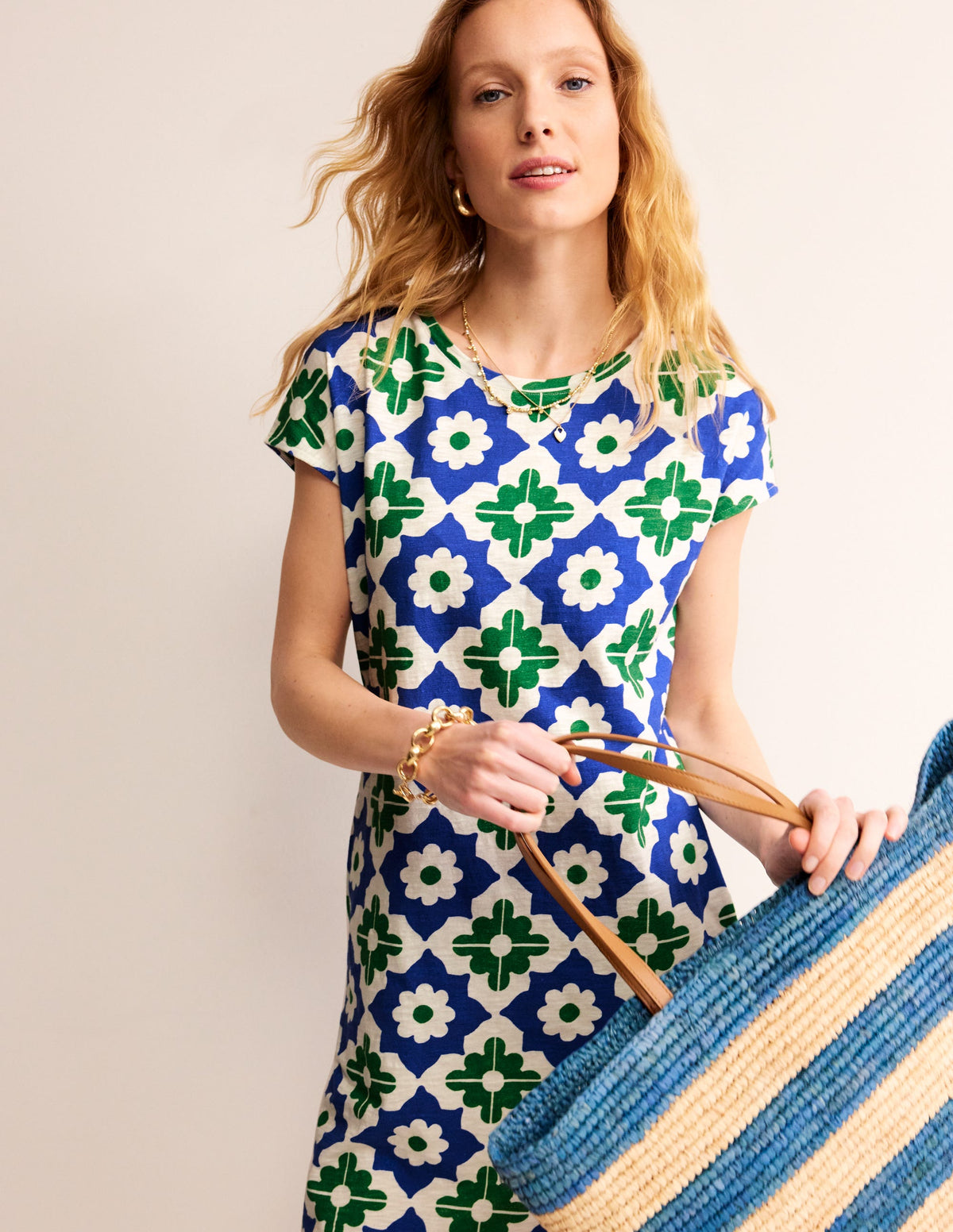 Leah Jersey T-shirt Dress-Green, Geometric Stamp - Image 4