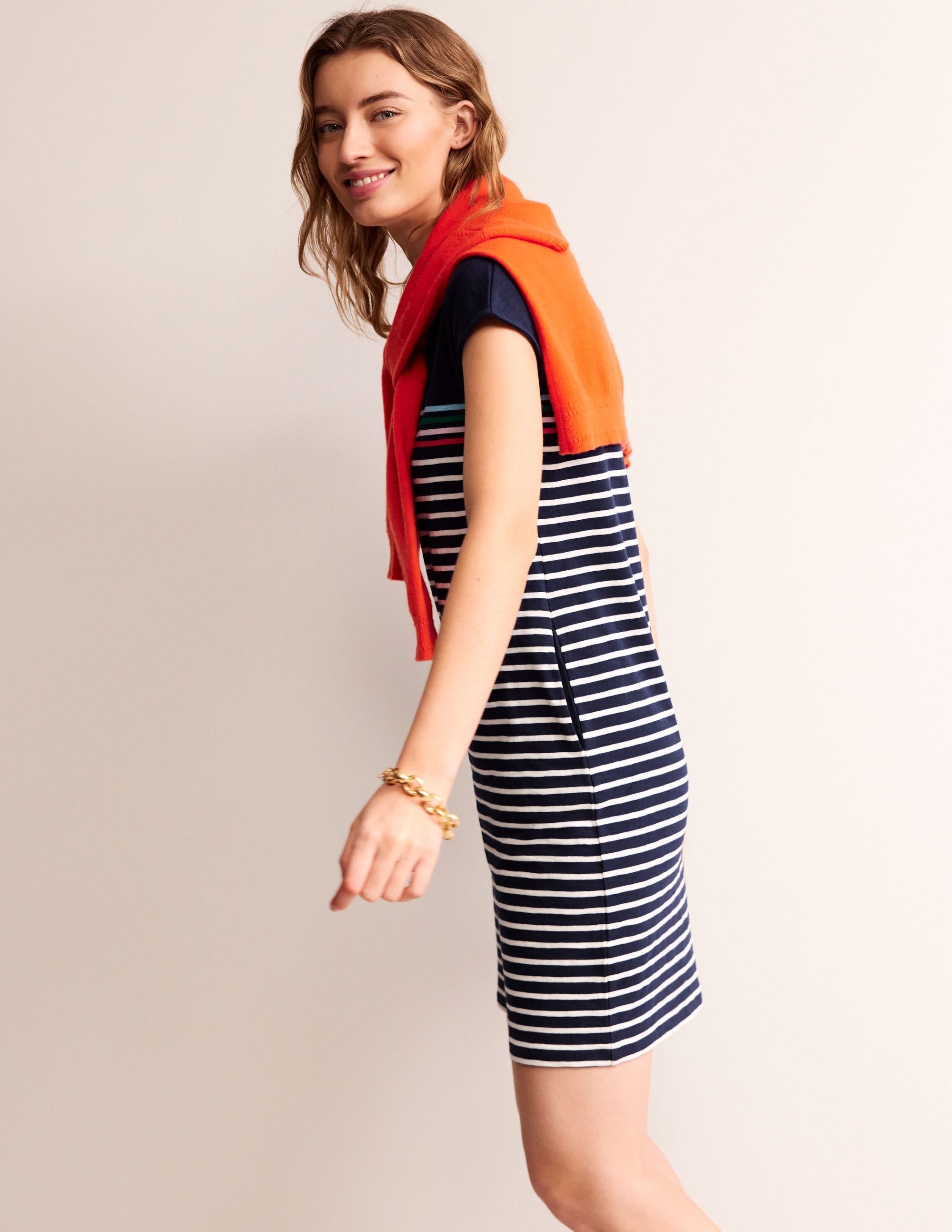 Leah Jersey T-shirt Dress-Navy, Ivory Multistripe - Image 4
