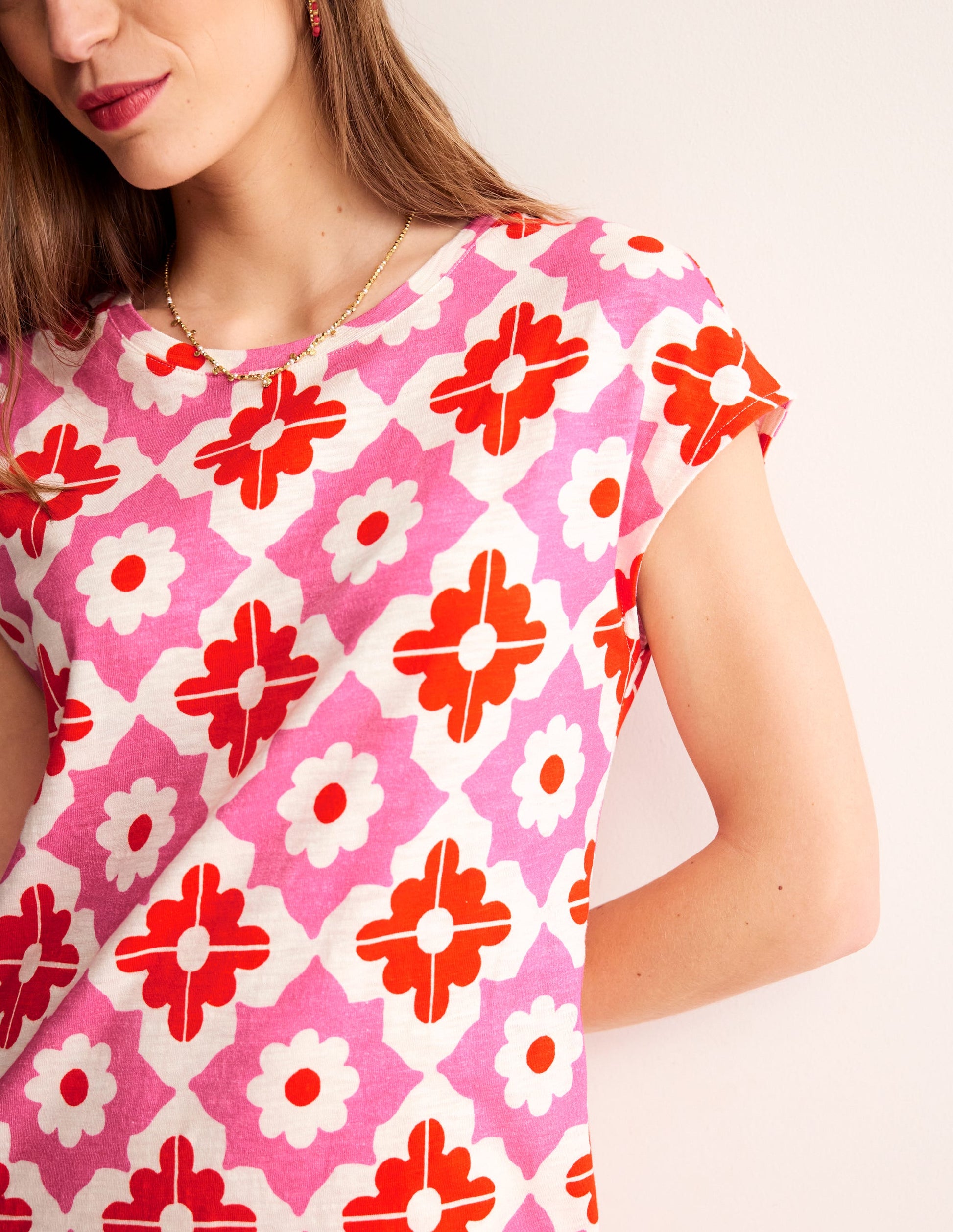 Leah Jersey T-shirt Dress-Pink Power, Geometric Stamp-2