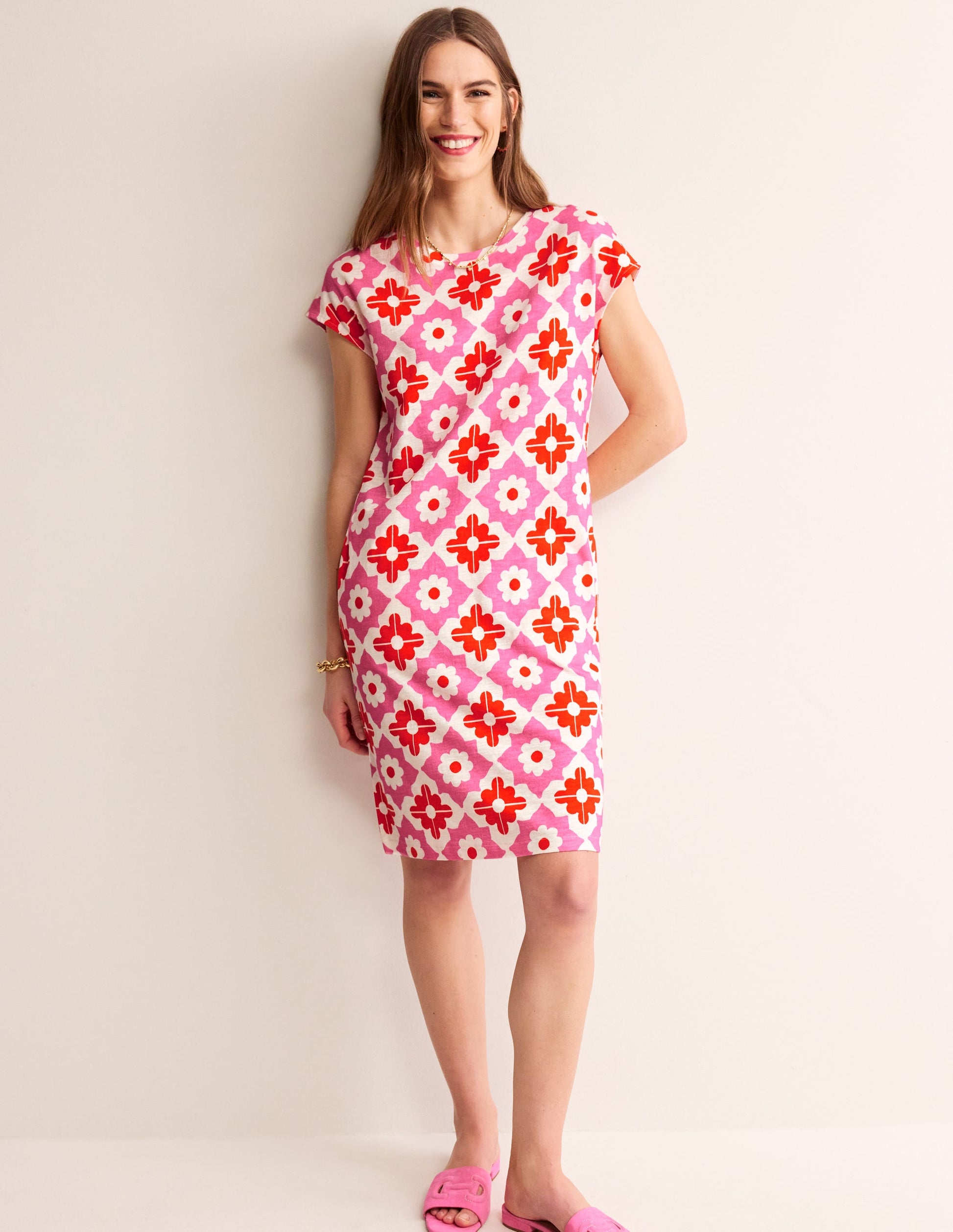 Leah Jersey T-shirt Dress-Pink Power, Geometric Stamp-4