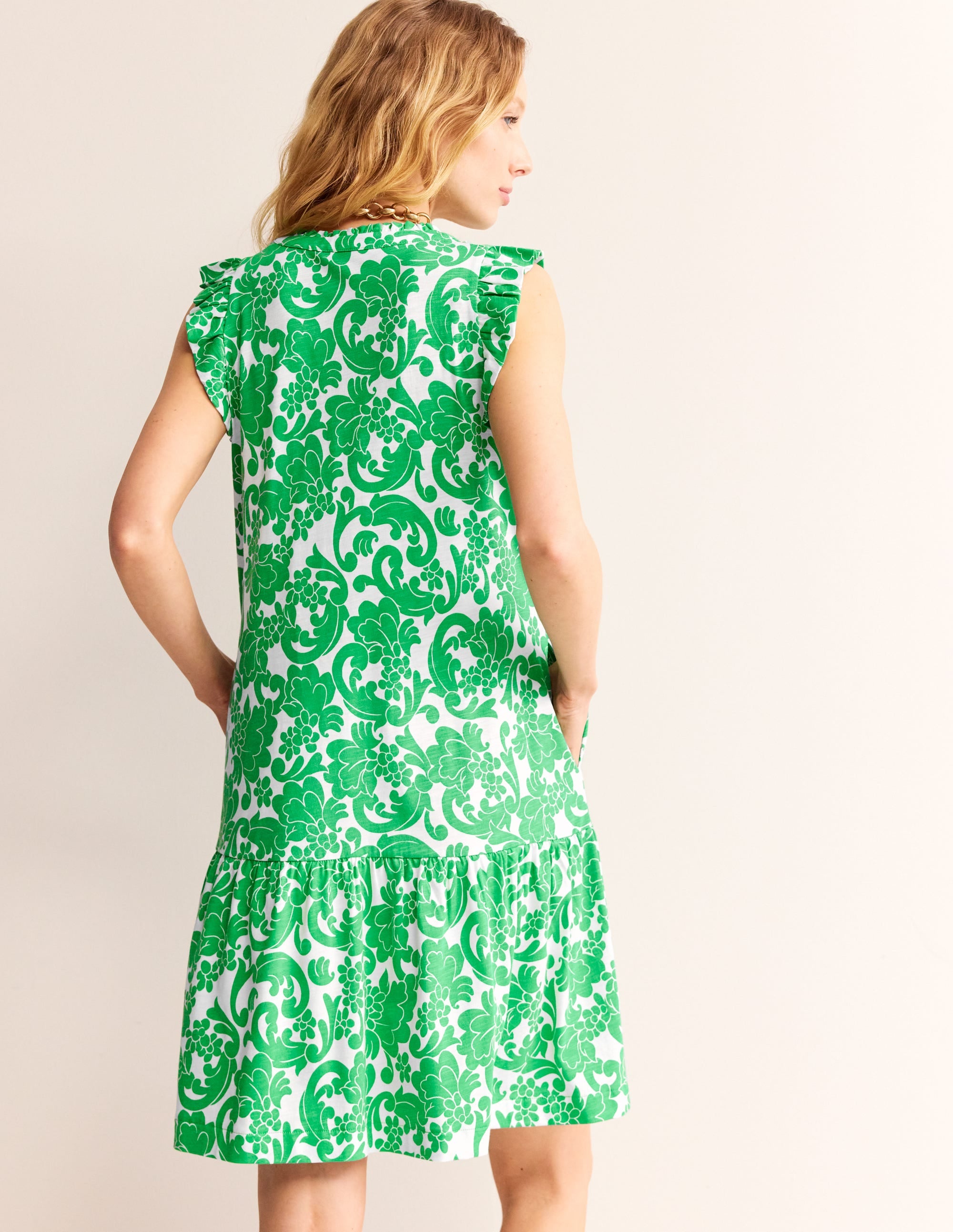Daisy Jersey Short Tier Dress-Bright Green, Opulent Whirl - Image 3