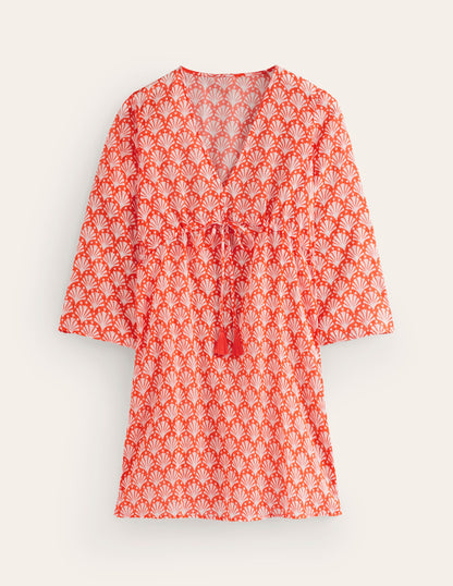 Cotton Beach Short Kaftan-Mandarin Orange, Shells-5