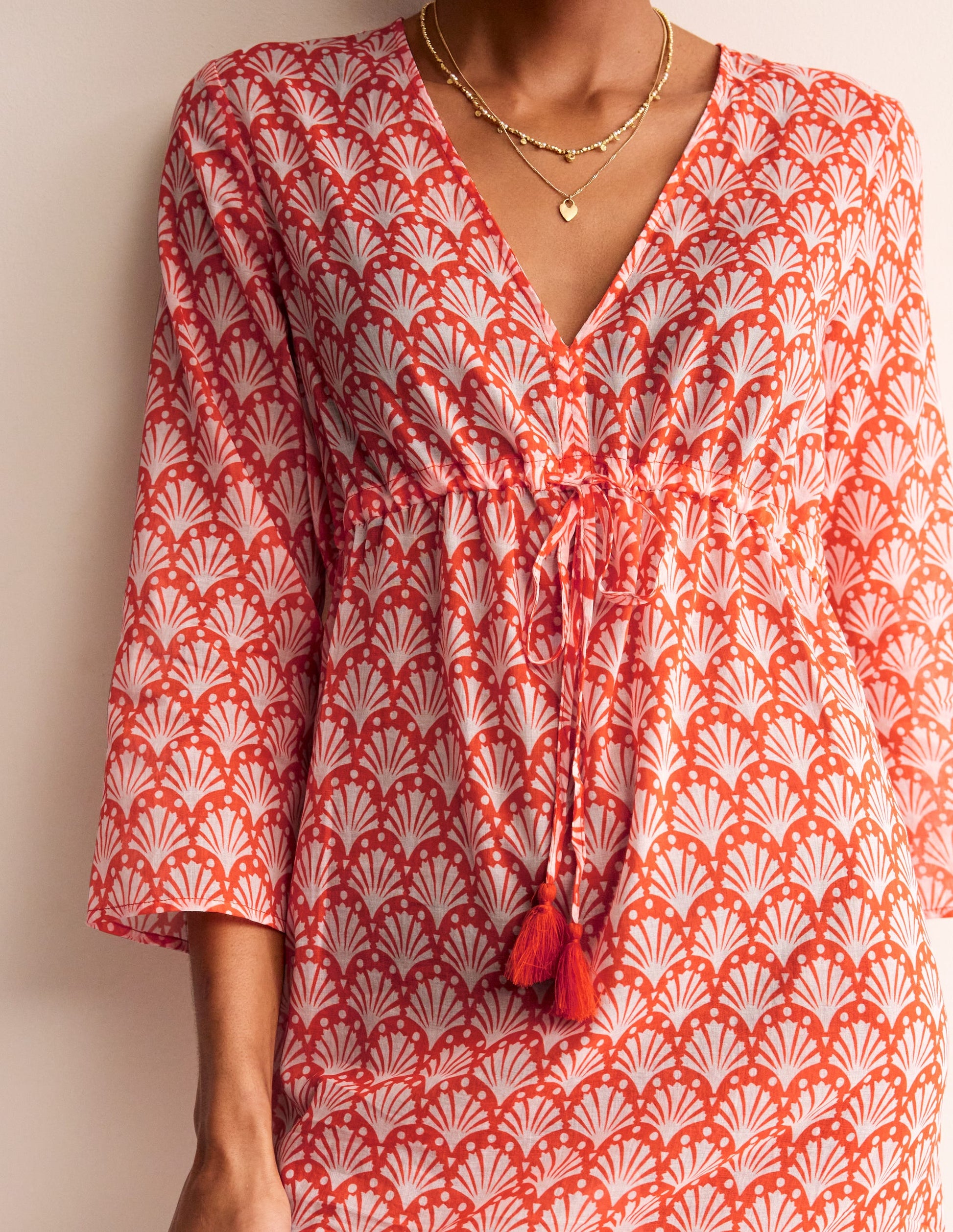 Cotton Beach Short Kaftan-Mandarin Orange, Shells-2