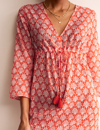 Cotton Beach Short Kaftan-Mandarin Orange, Shells-2