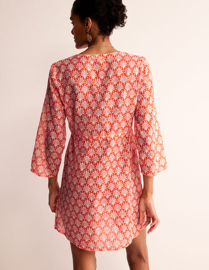 Cotton Beach Short Kaftan-Mandarin Orange, Shells-3