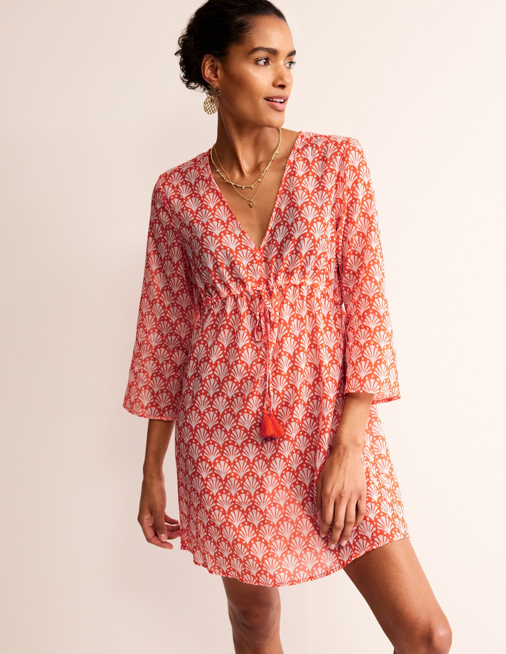 Cotton Beach Short Kaftan-Mandarin Orange, Shells-4