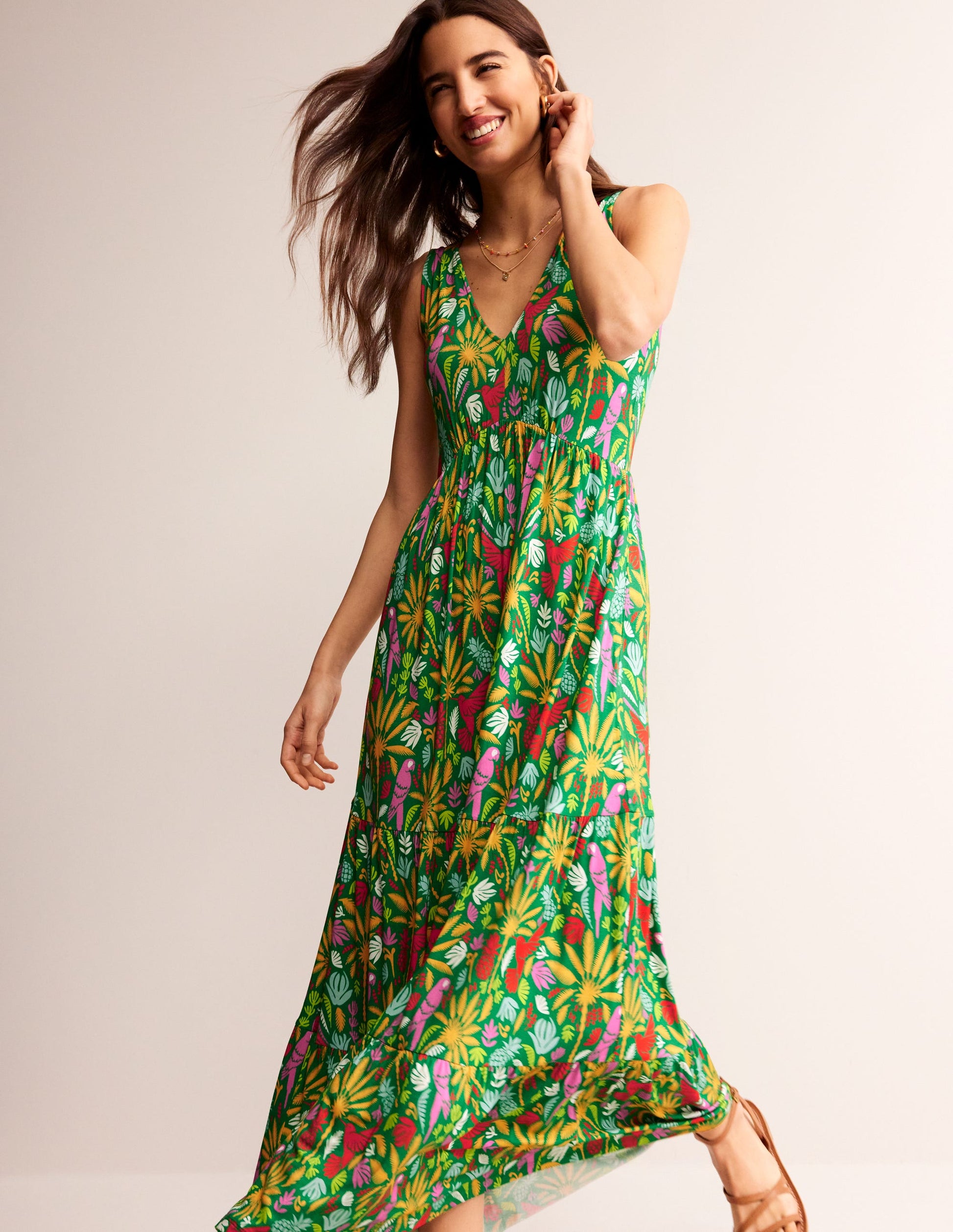Sylvia Jersey Maxi Tier Dress-Green, Tropical Paradise-1