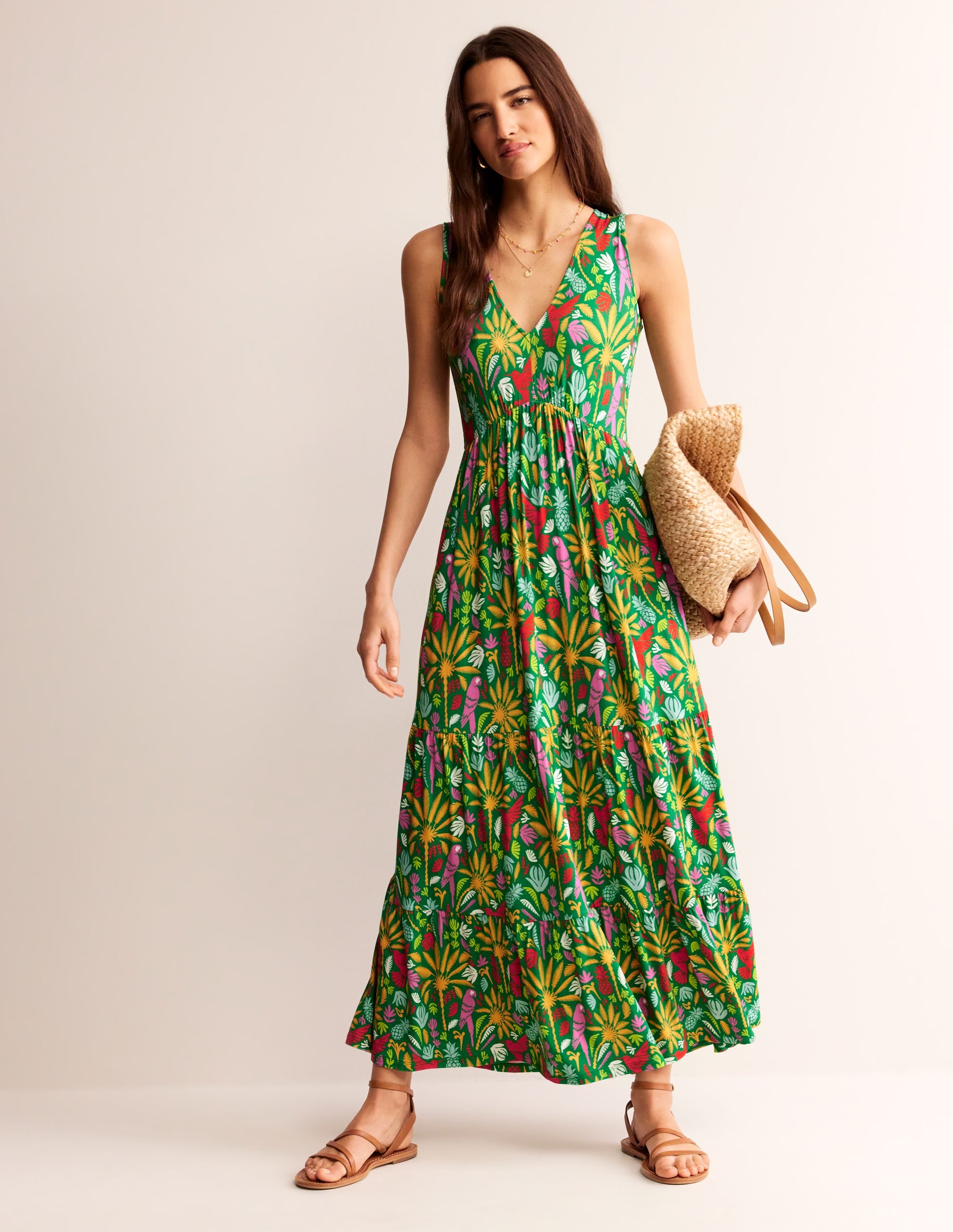 Sylvia Jersey Maxi Tier Dress-Green, Tropical Paradise - Image 2