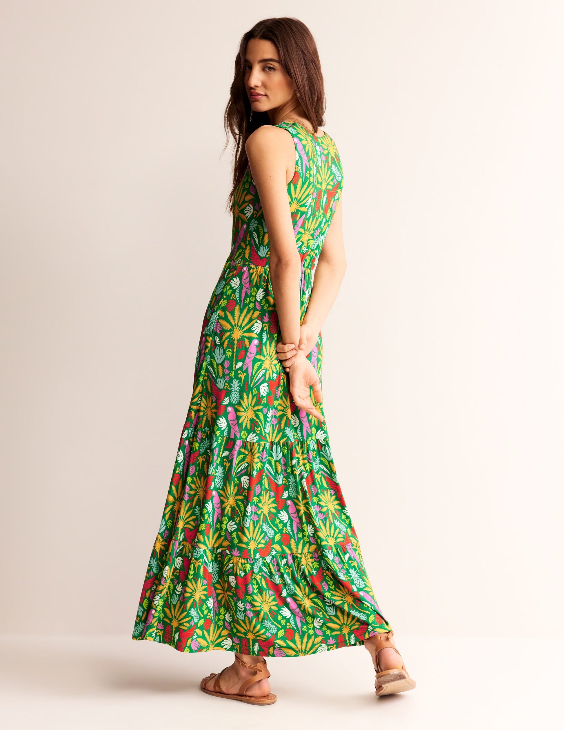 Sylvia Jersey Maxi Tier Dress-Green, Tropical Paradise-4