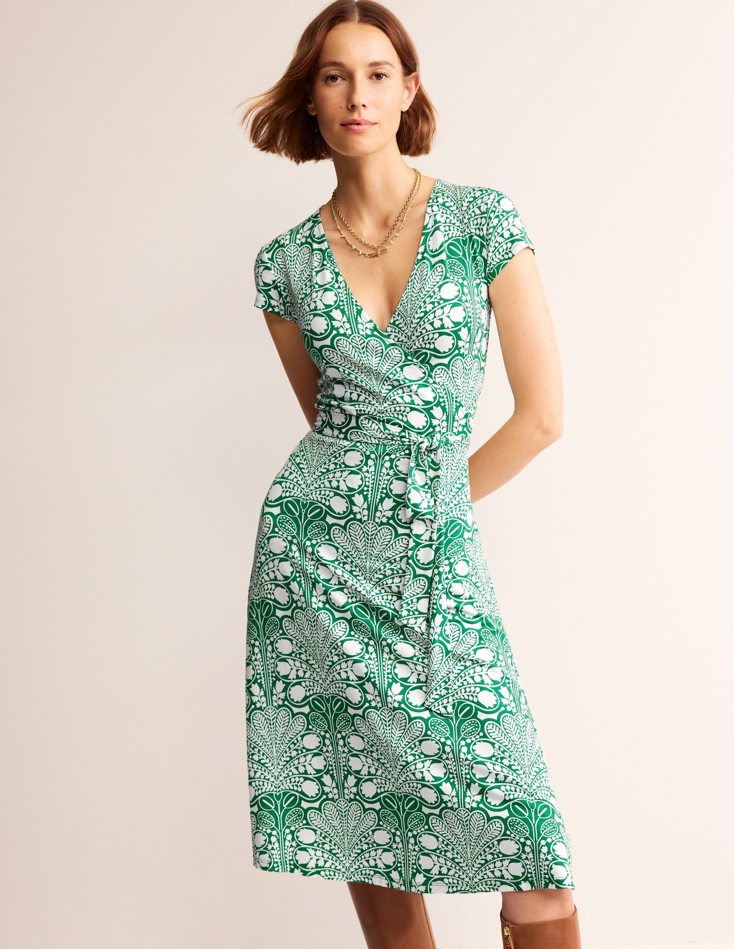 Joanna Cap Sleeve Wrap Dress-Green, Gardenia Swirl