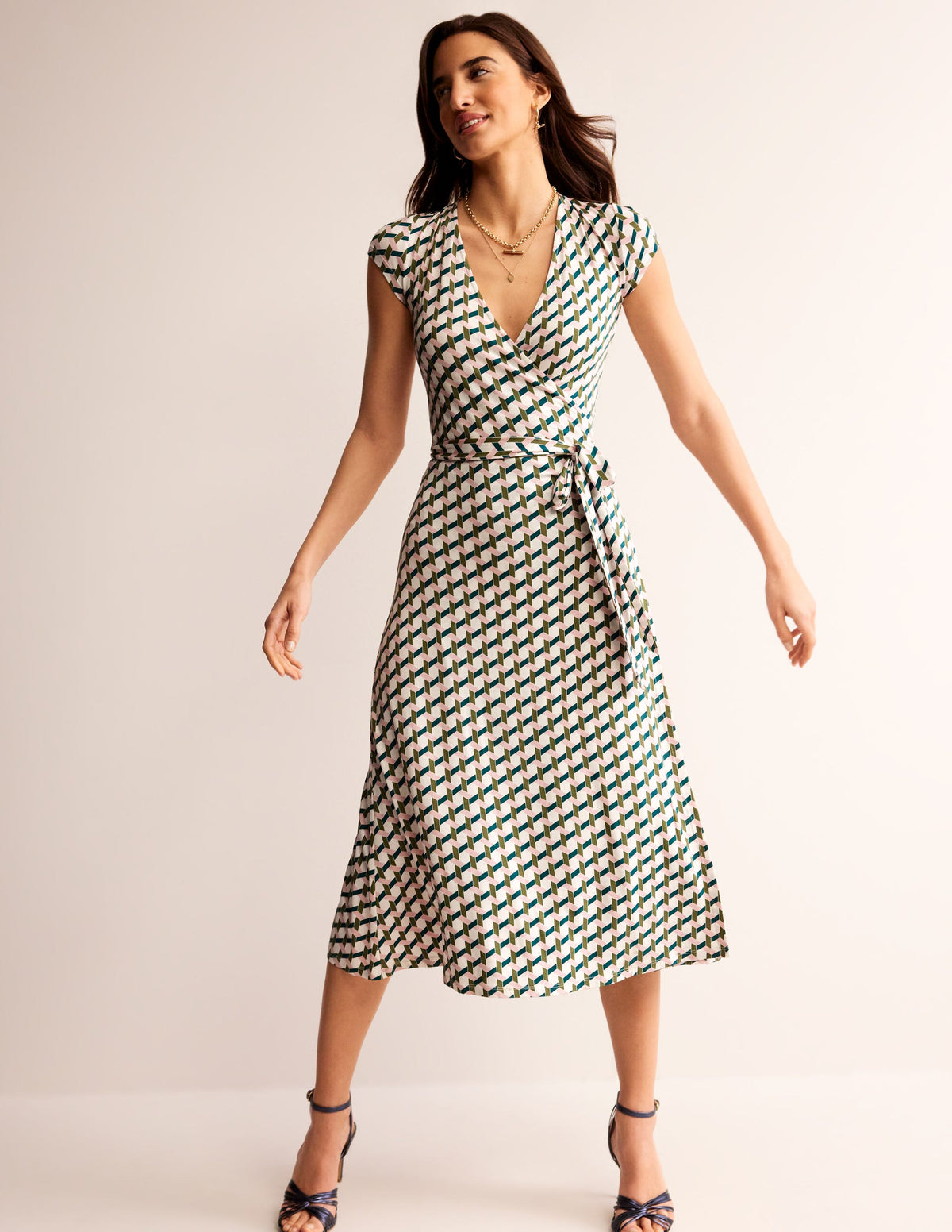 Joanna Cap Sleeve Wrap Dress-Mayfly, Honeycomb Geo-2