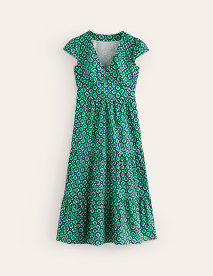 May Cotton Midi Tea Dress-Ming Green, Geo Pome