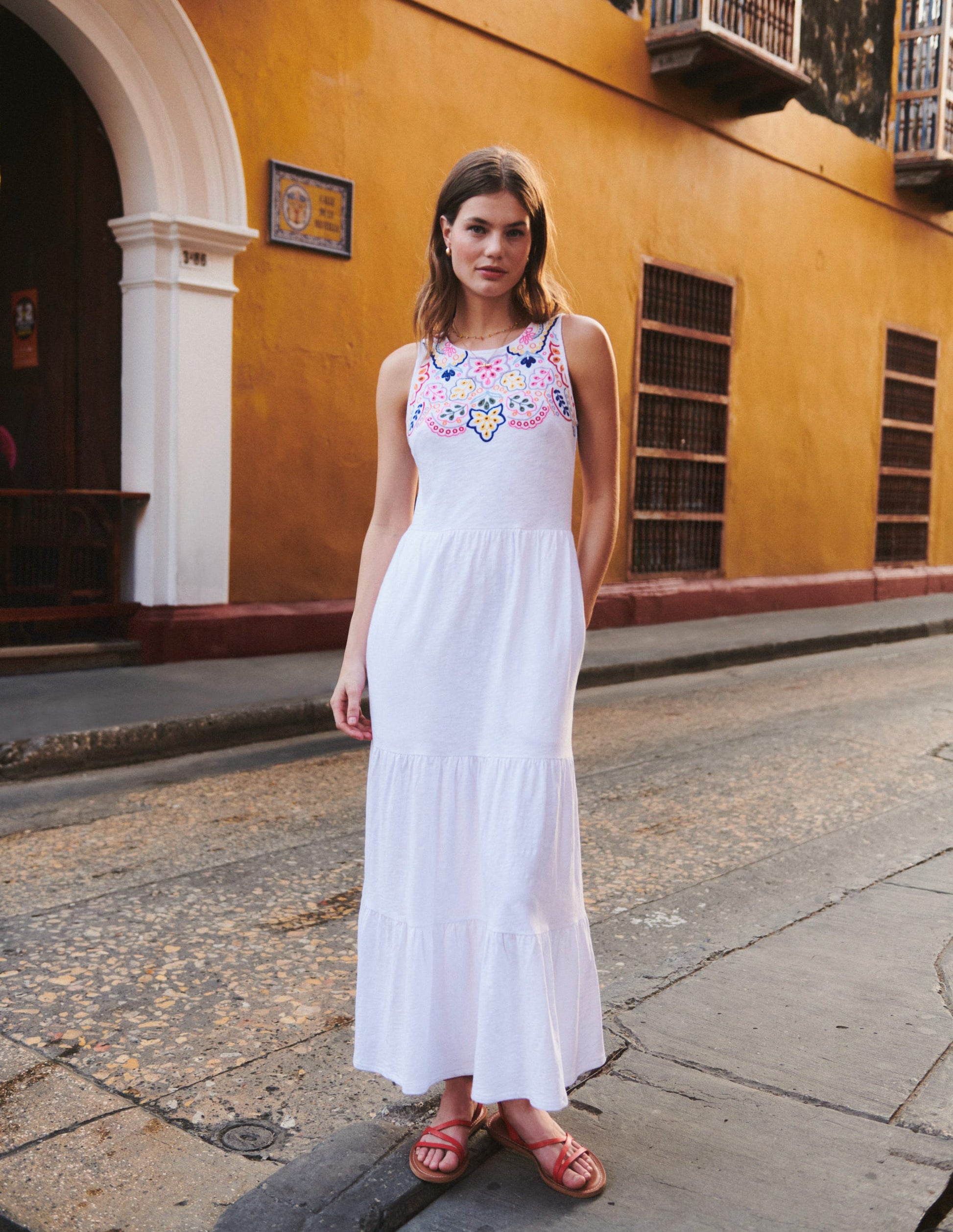 Embroidered Jersey Midi Dress-White-5