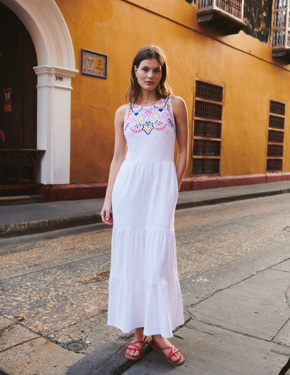 Embroidered Jersey Midi Dress-White-5