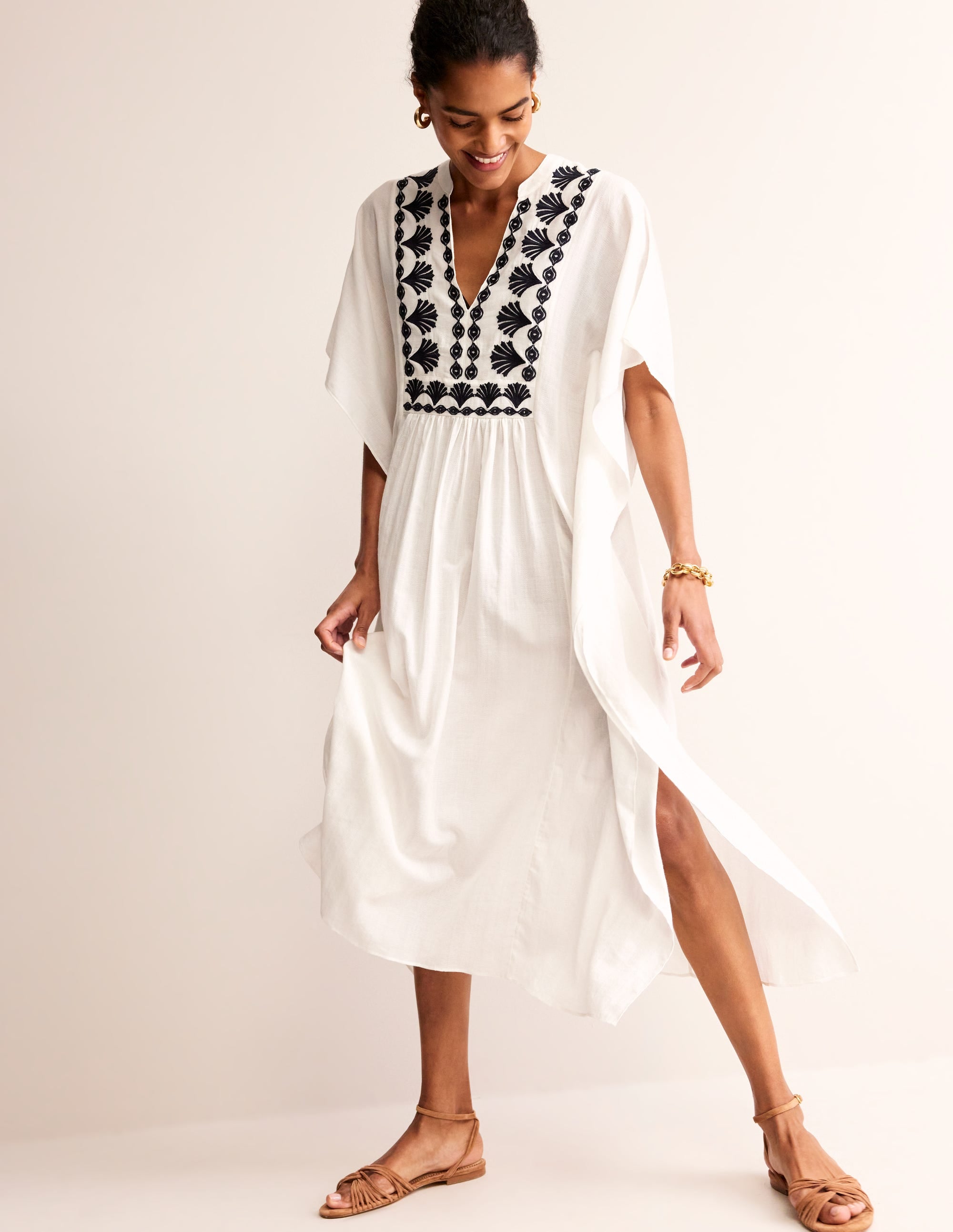 Embroidered V-Neck Kaftan-Ivory - Image 1