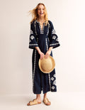 Una Linen Midi Dress-Navy