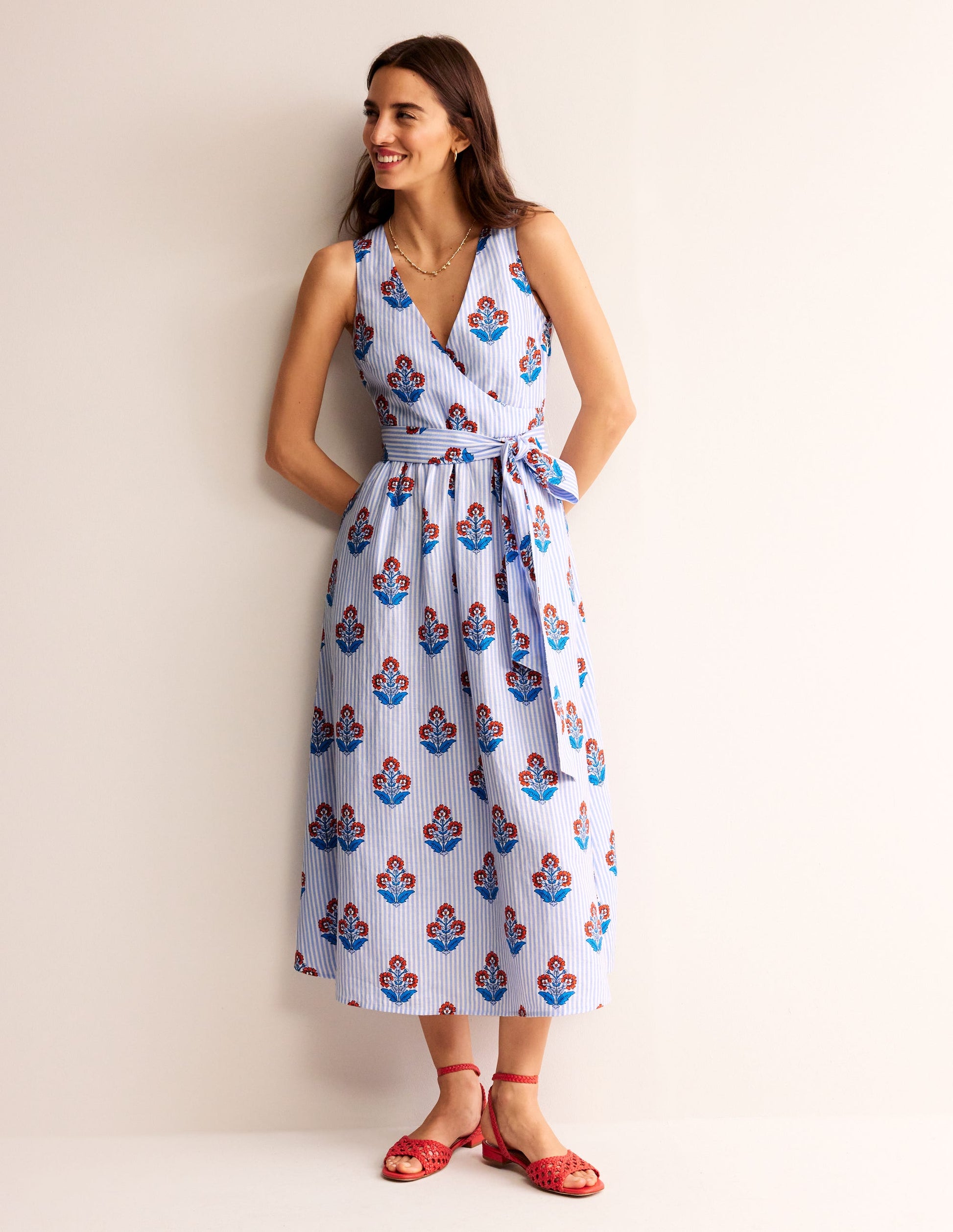Linen Wrap Midi Dress-Mandarin Orange, Floret Stem-2