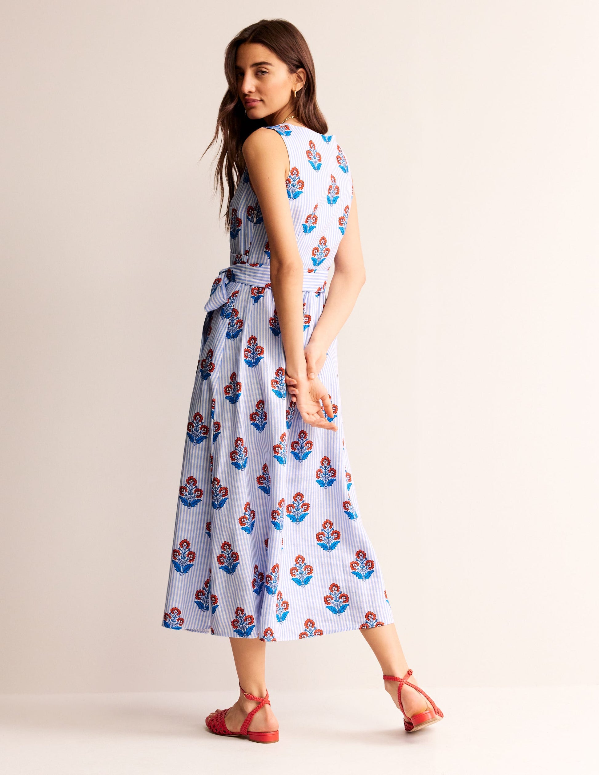 Linen Wrap Midi Dress-Mandarin Orange, Floret Stem-4