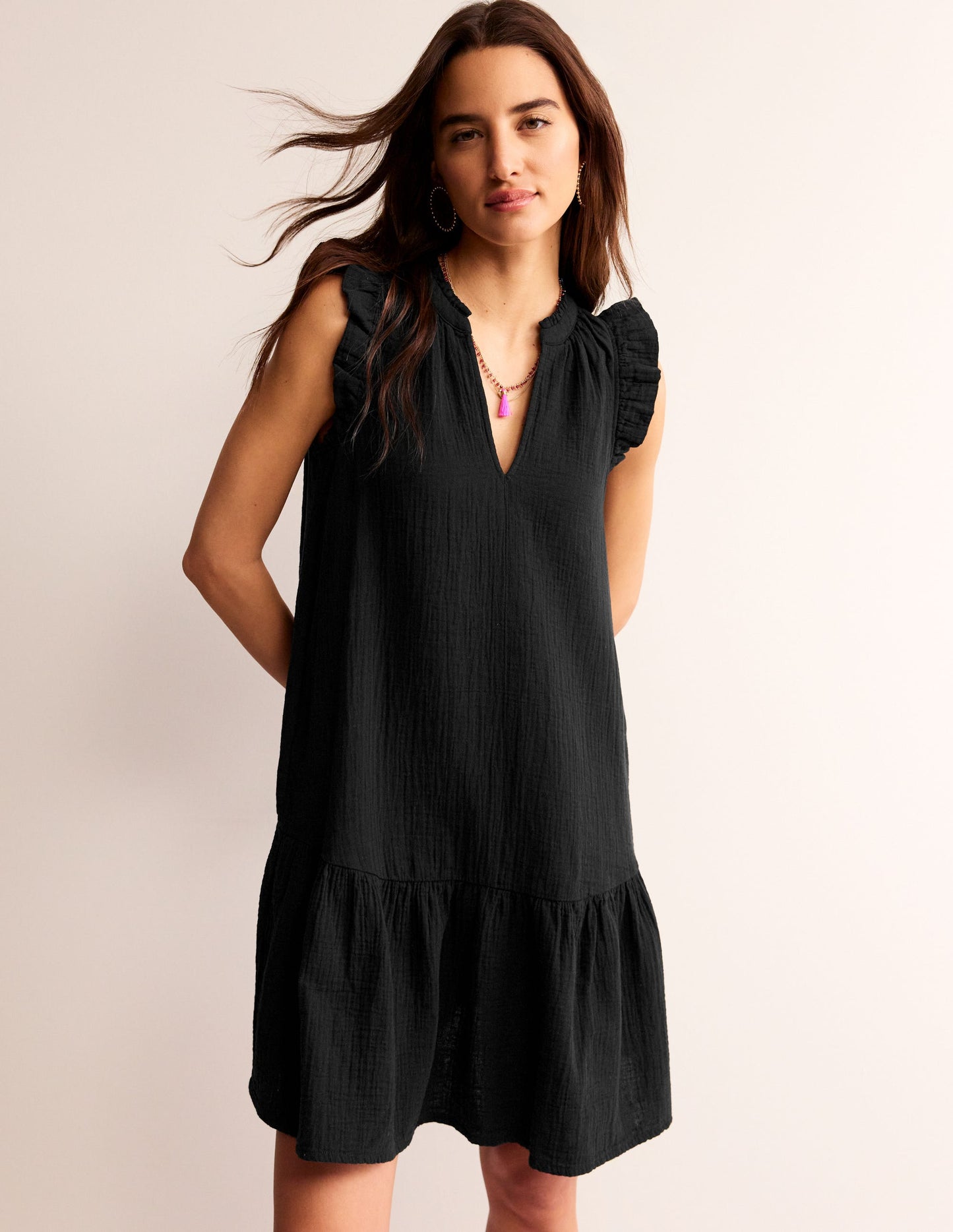 Daisy Double Cloth Short Dress-Black