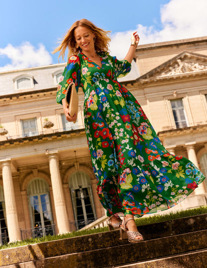 V Neck Puff Maxi Dress-Green Tambourine, Wild Flower