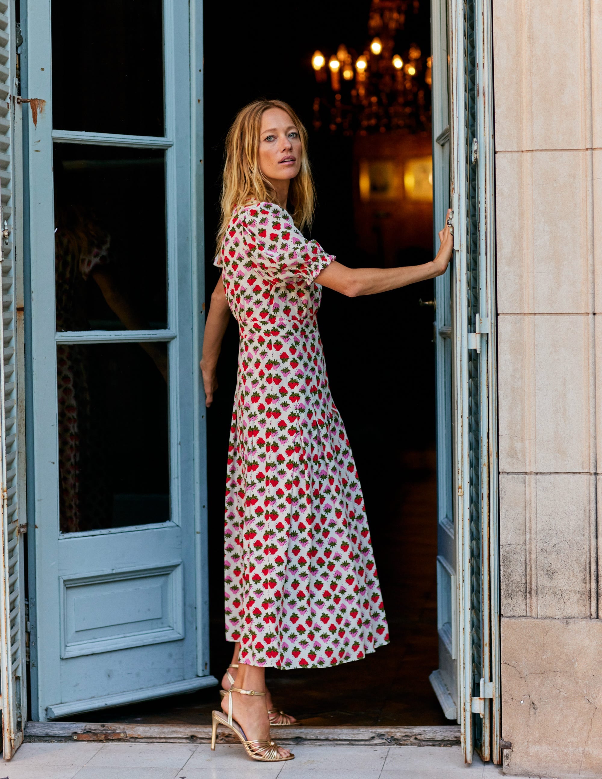 Liv Pleat Detail Midi Dress-Ivory, Strawberry Pop | Boden UK