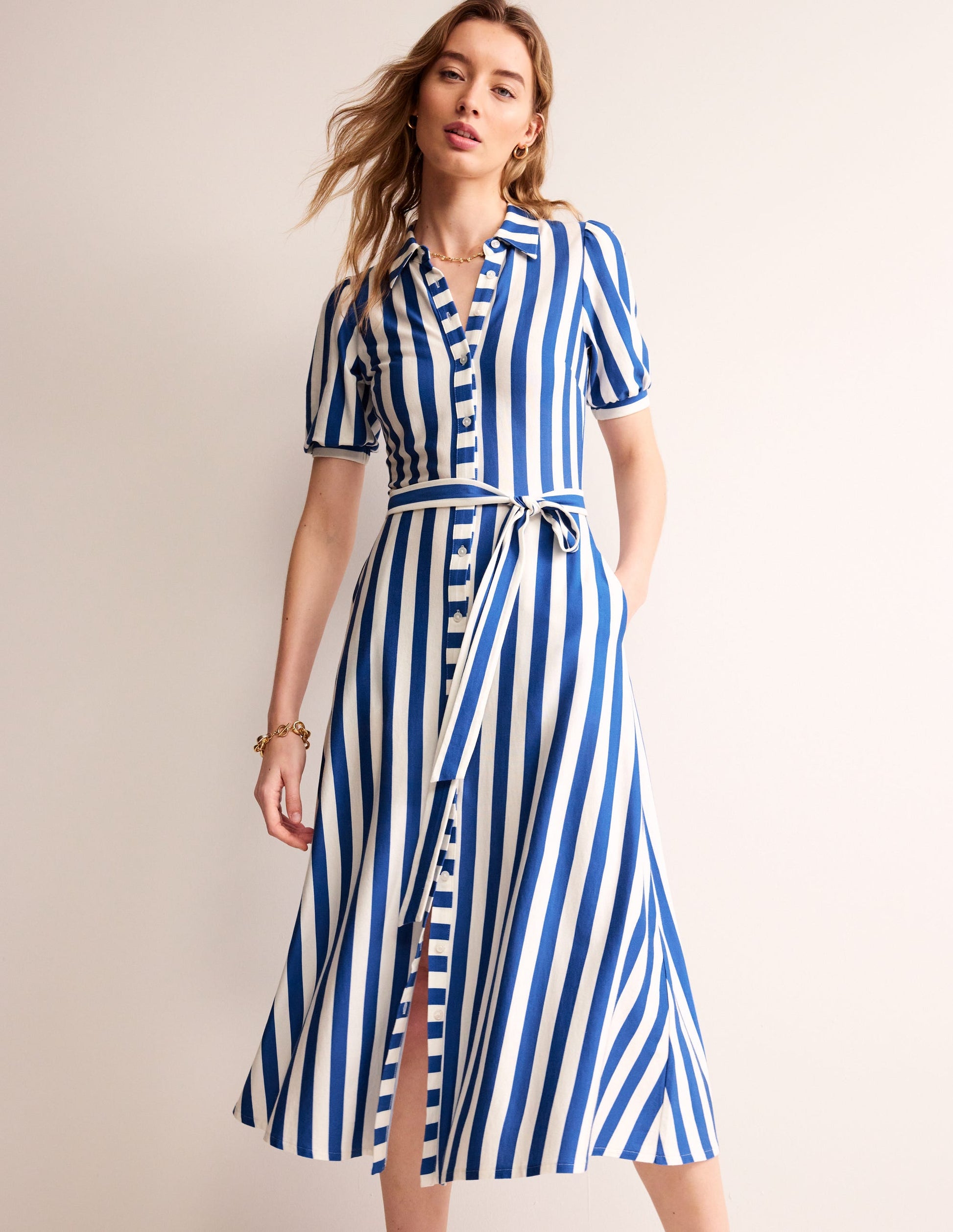 Libby Jersey Midi Shirt Dress-Blue, Ivory Stripe-1