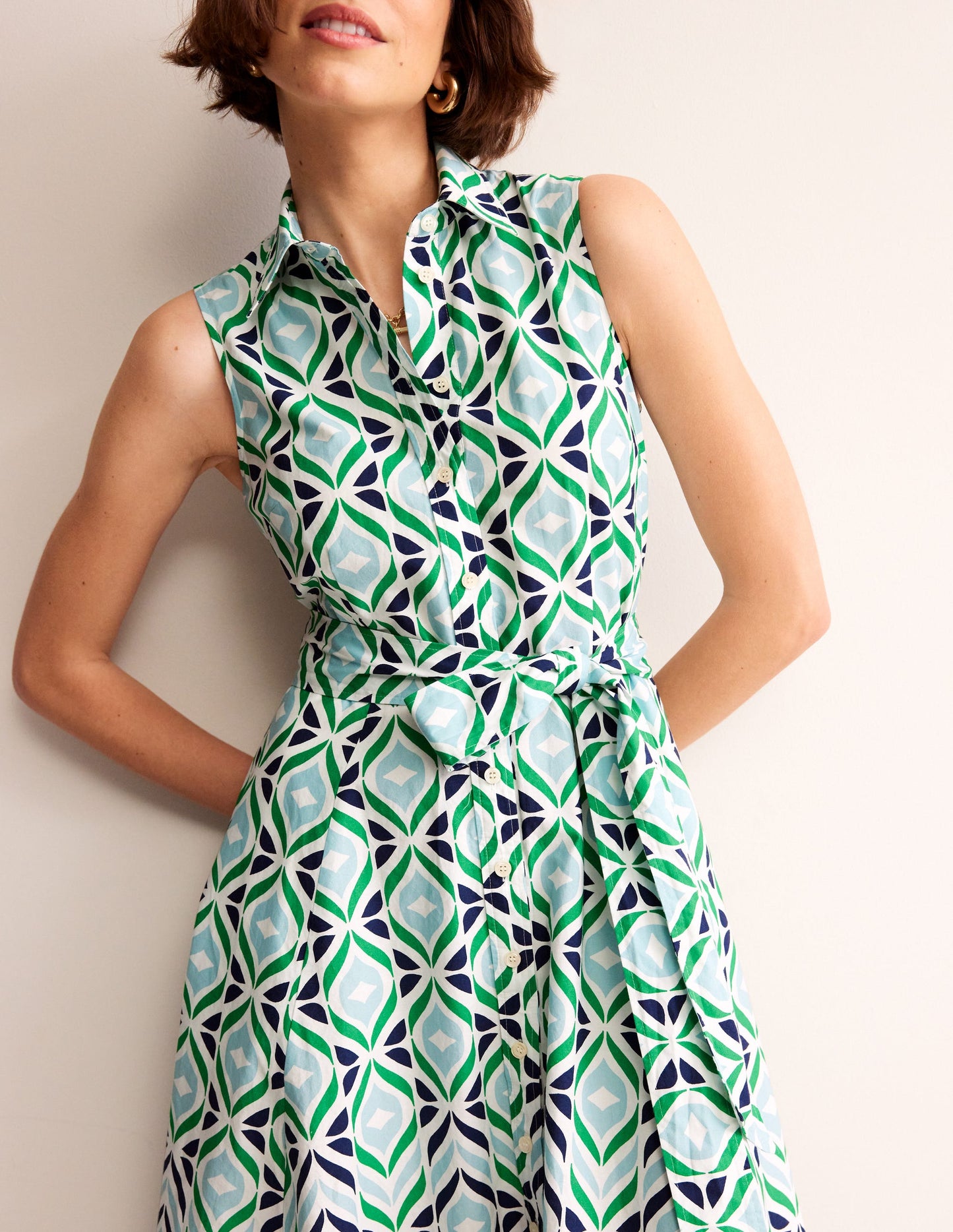 Amy Sleeveless Shirt Dress-Green Tambourine Diamond Wave