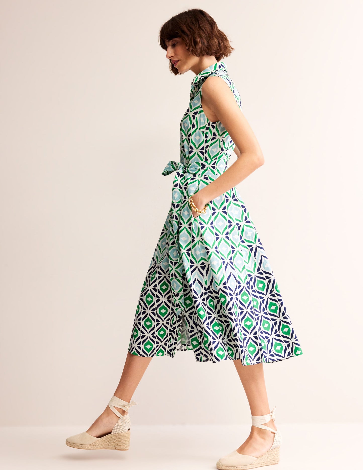 Amy Sleeveless Shirt Dress-Green Tambourine Diamond Wave