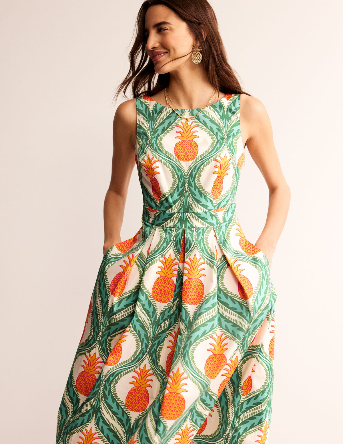 Sleeveless Pleat Midi Dress-Green Tambourine, Pineapple - Image 1