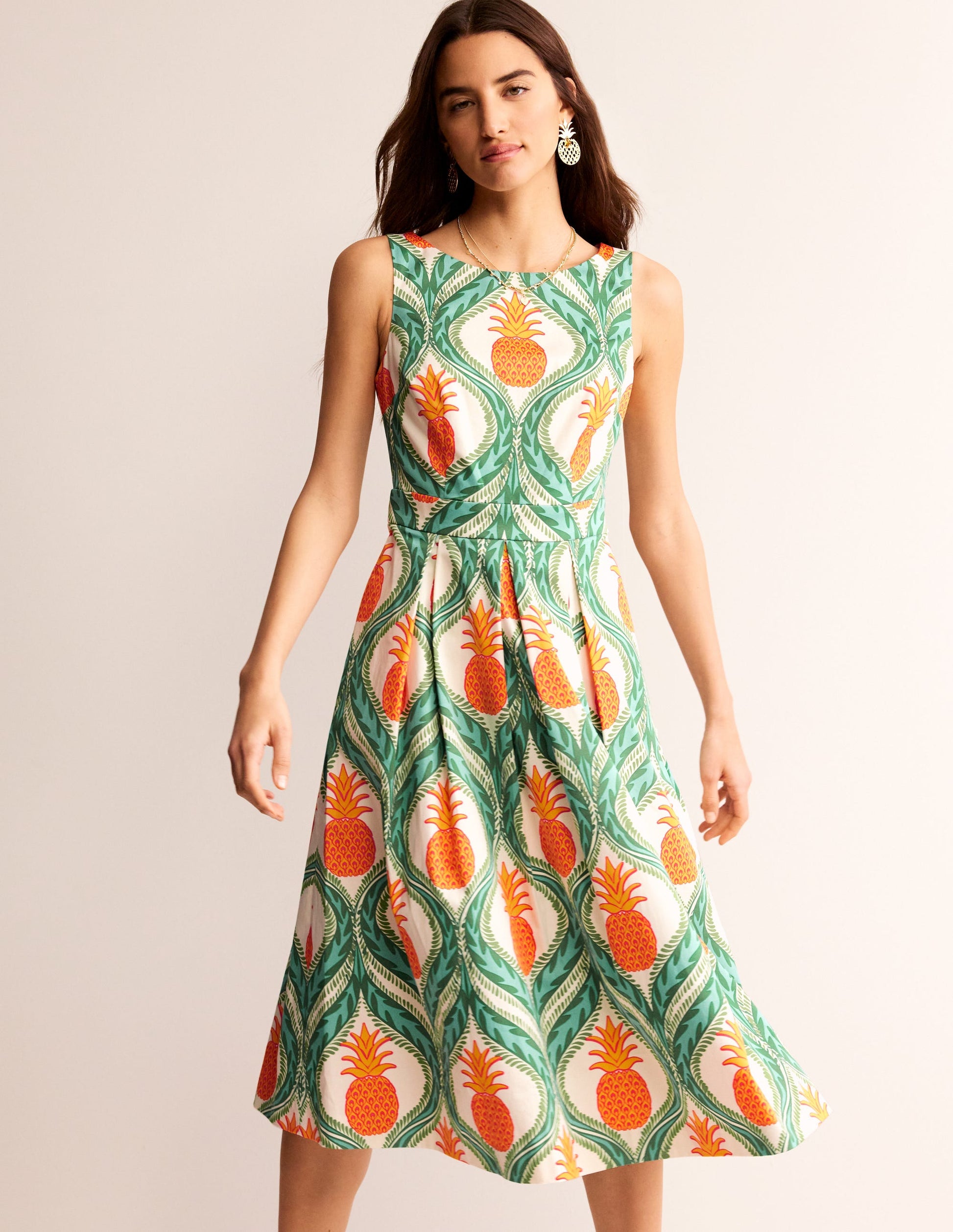 Sleeveless Pleat Midi Dress-Green Tambourine, Pineapple-2