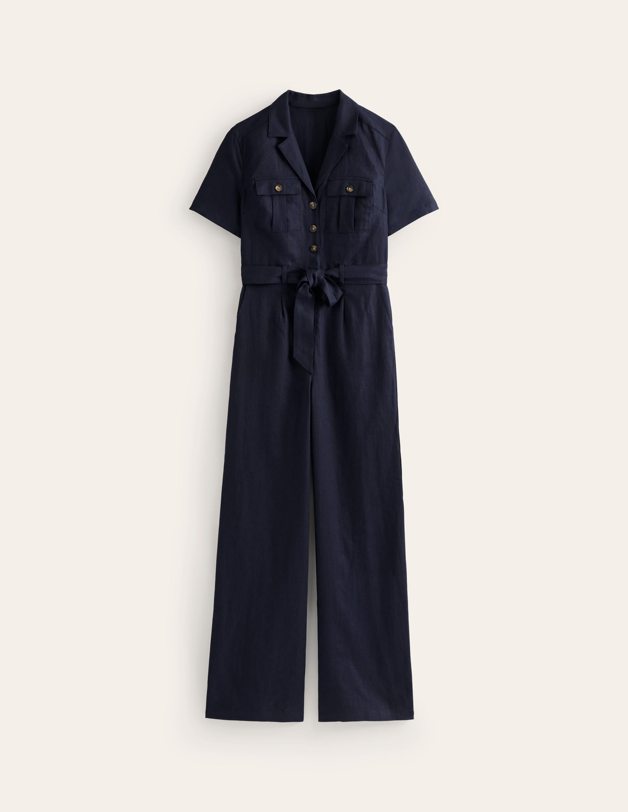 Belted Linen Jumpsuit-Navy - Image 5
