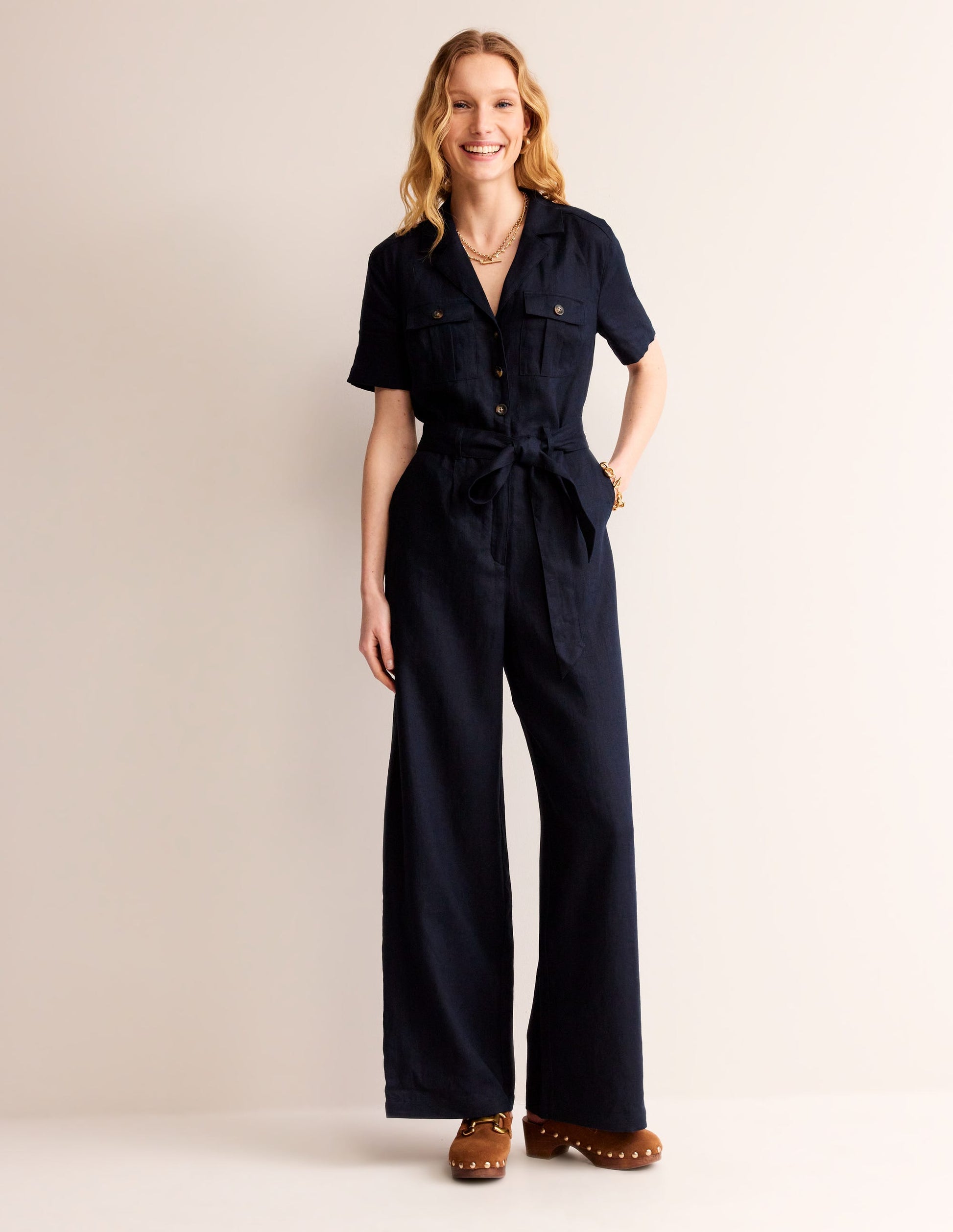 Belted Linen Jumpsuit-Navy-2
