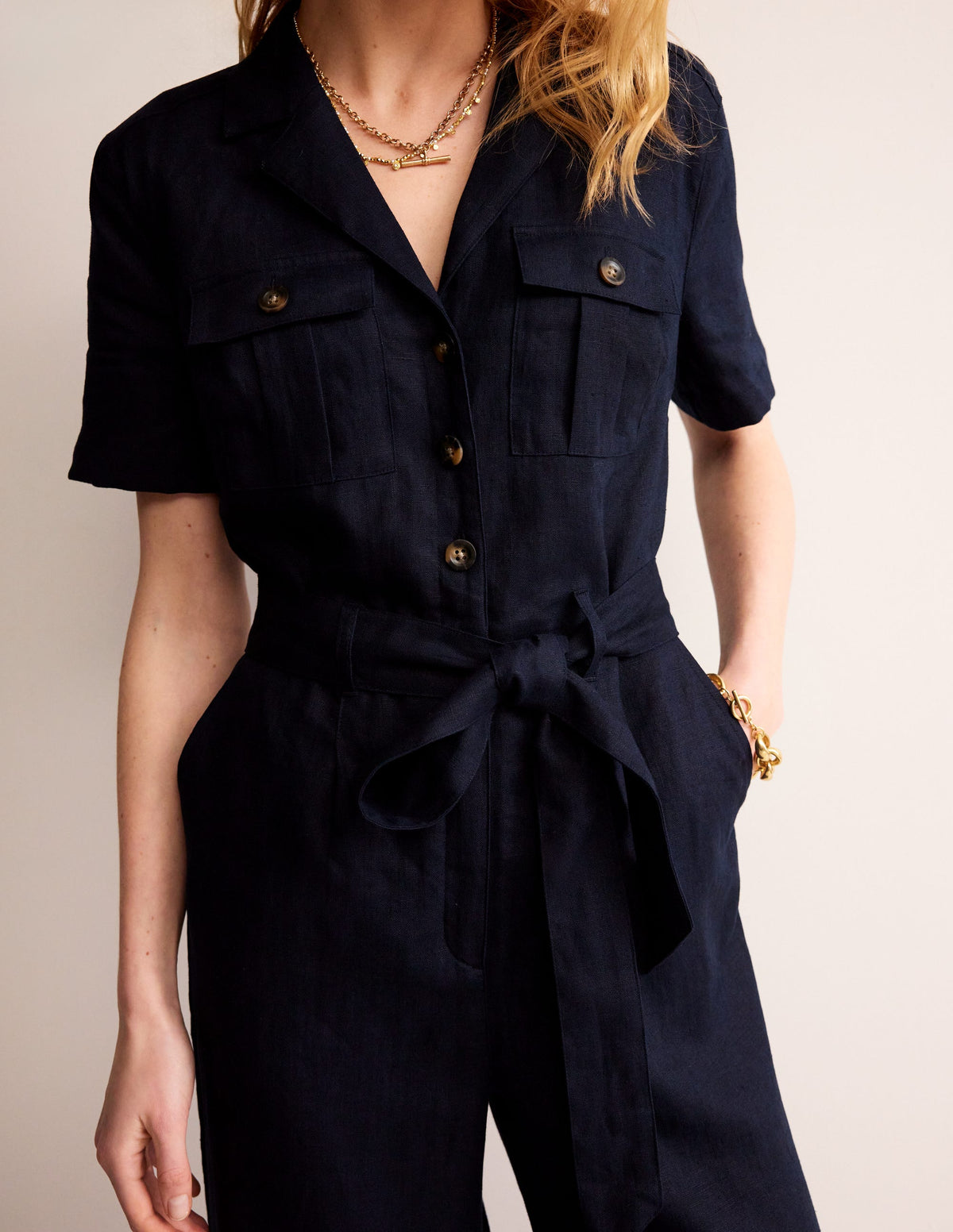 Belted Linen Jumpsuit-Navy - Image 3