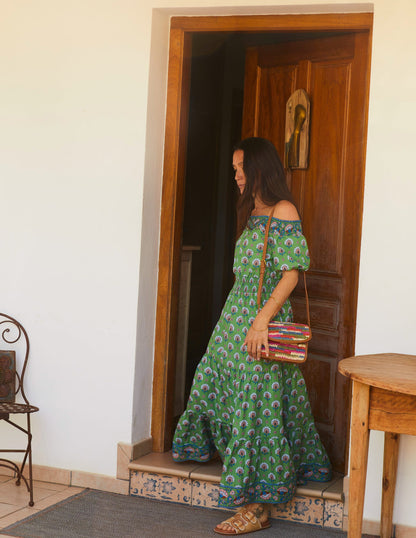 Cotton Midi Smocked Dress-Stone Green, Passion Geo-5