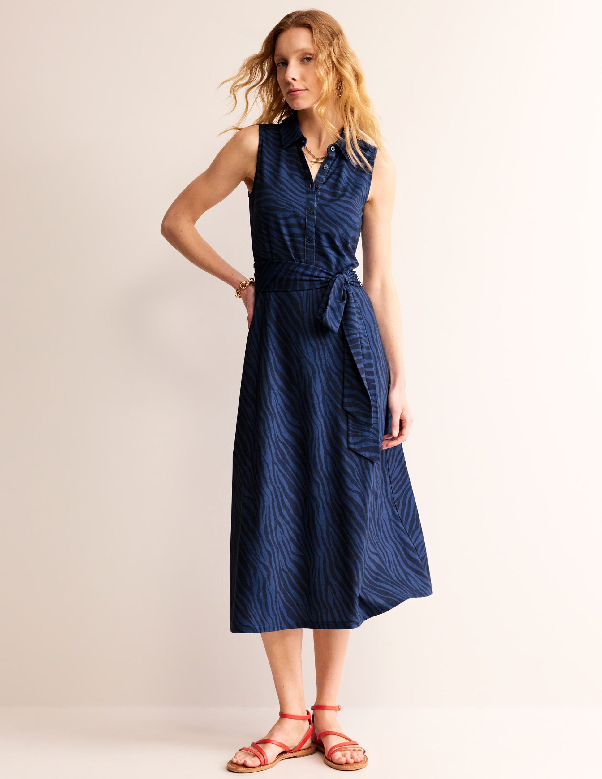 Laura Sleeveless Shirt Dress-True Navy, Animal Stripe-2
