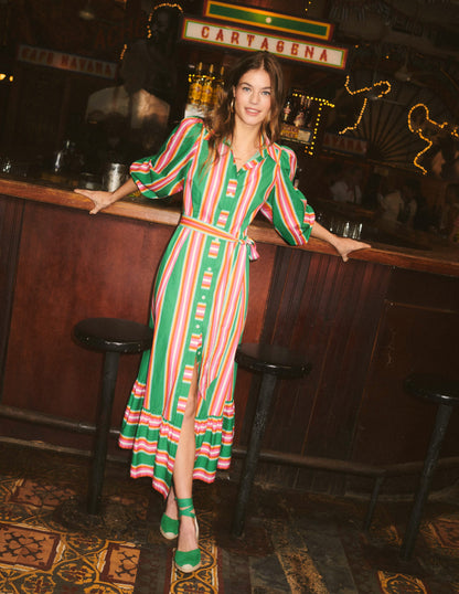 Cotton Midi Shirt Dress-Green Tambourine, Pink Stripe-6