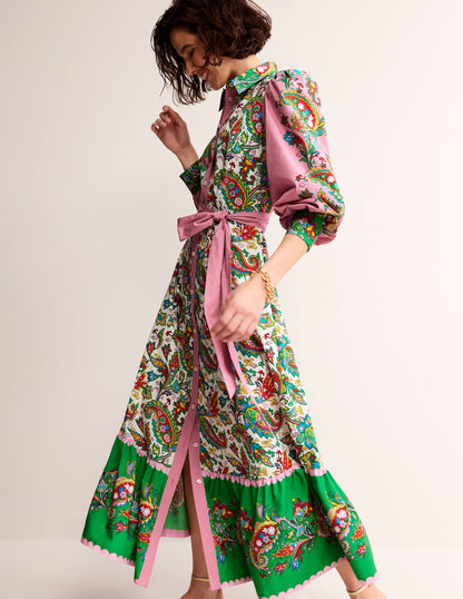 Cotton Midi Shirt Dress-Ivory, Paisley Azure-1