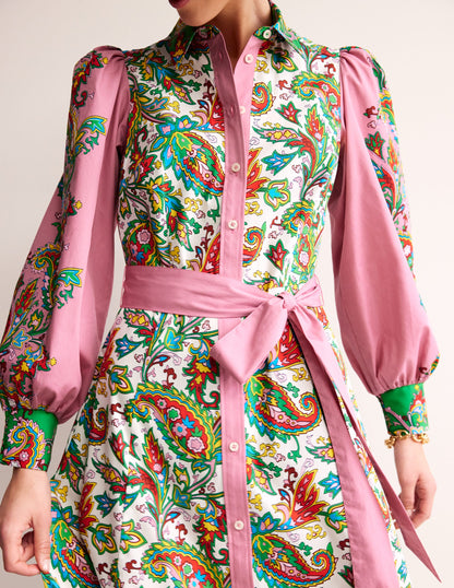 Cotton Midi Shirt Dress-Ivory, Paisley Azure-3