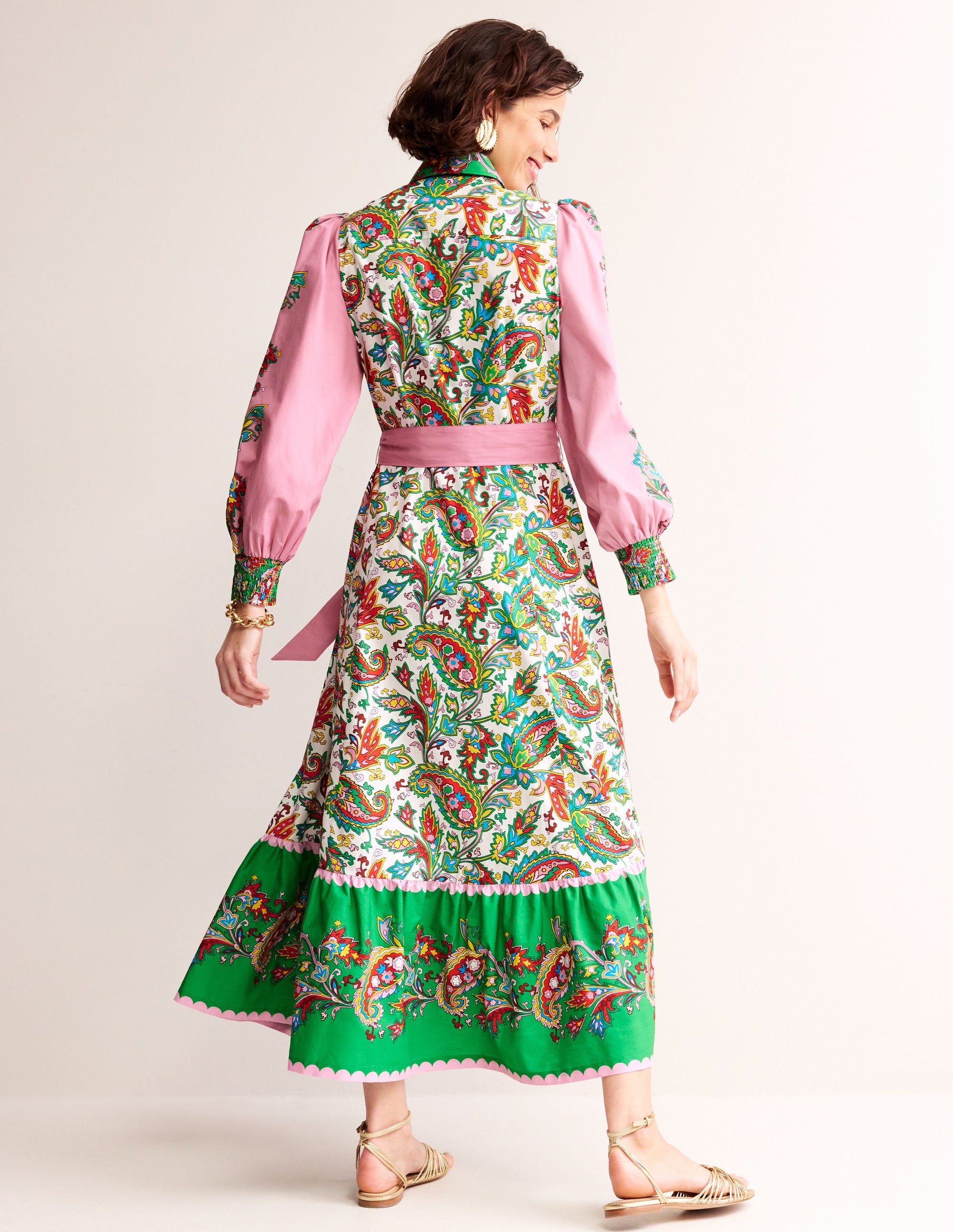 Cotton Midi Shirt Dress-Ivory, Paisley Azure-4