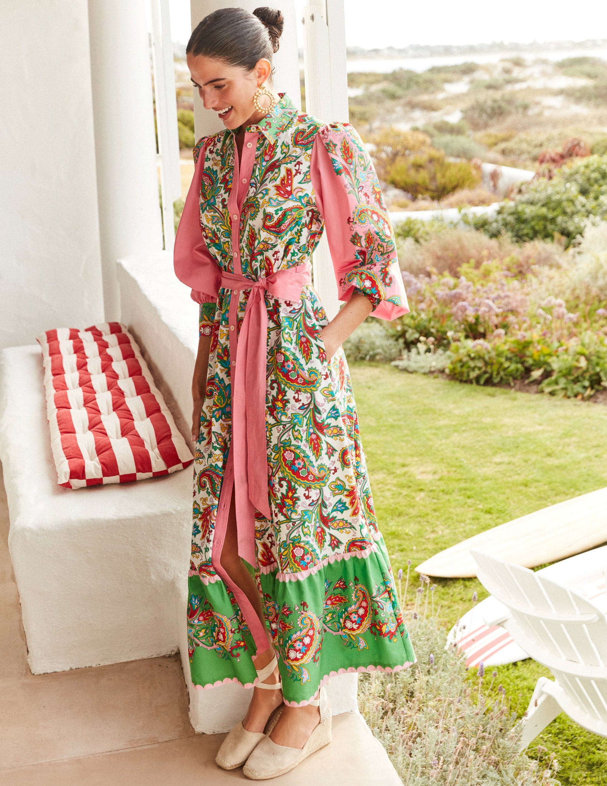 Cotton Midi Shirt Dress-Ivory, Paisley Azure-5