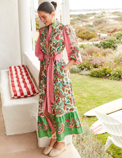 Cotton Midi Shirt Dress-Ivory, Paisley Azure-5