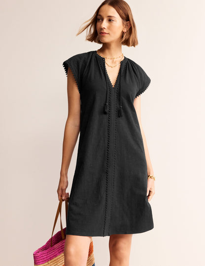 Millie Pom Cotton Dress-Black