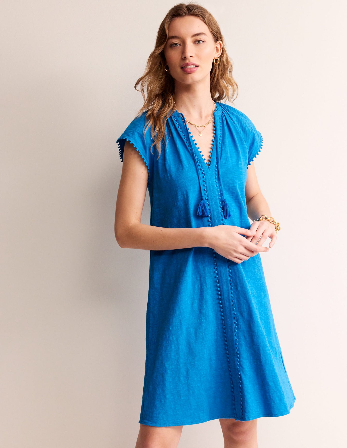 Millie Pom Cotton Dress-Brilliant Blue