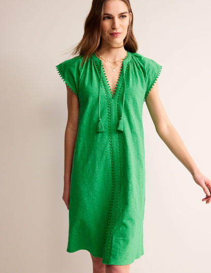 Millie Pom Cotton Dress-Green Tambourine