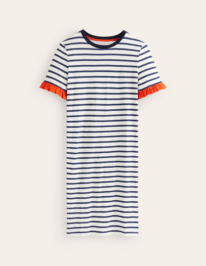 Emily Ruffle Cotton Dress-Ivory, Navy Stripe